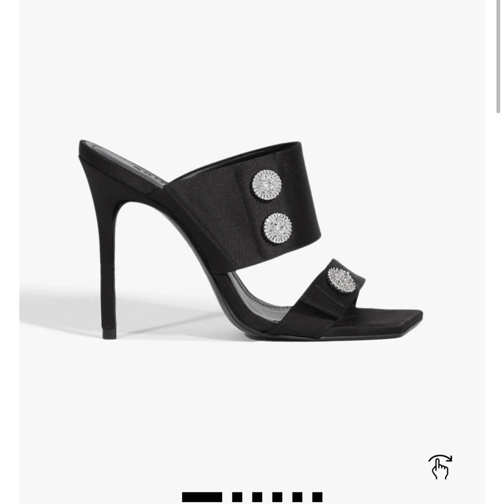 SCHUTZ Black Satin Slide Heels with Crystal Button Accents